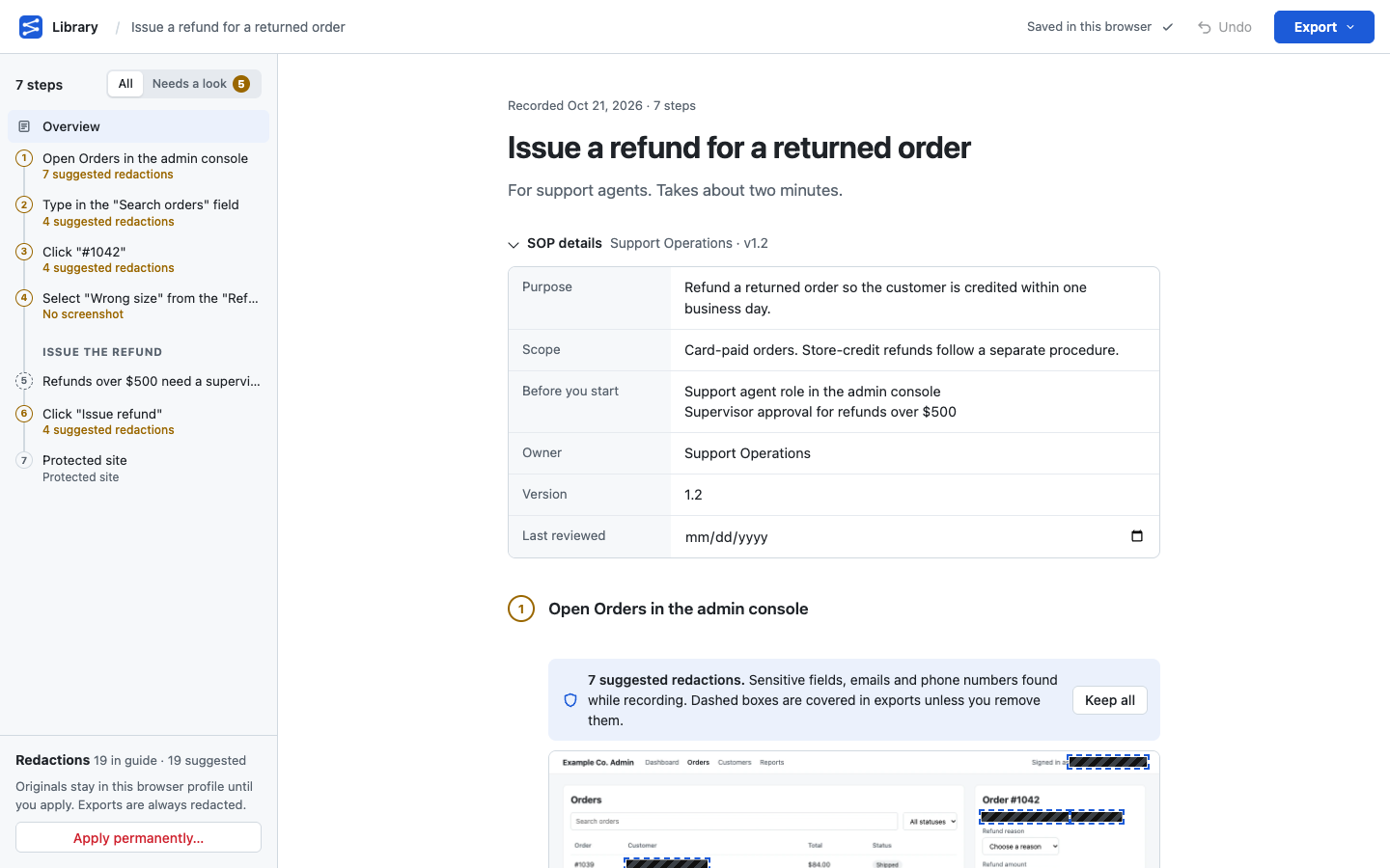 The Switchback editor: a step rail on the left, and a guide titled “Issue a refund for a returned order” with its SOP details table.