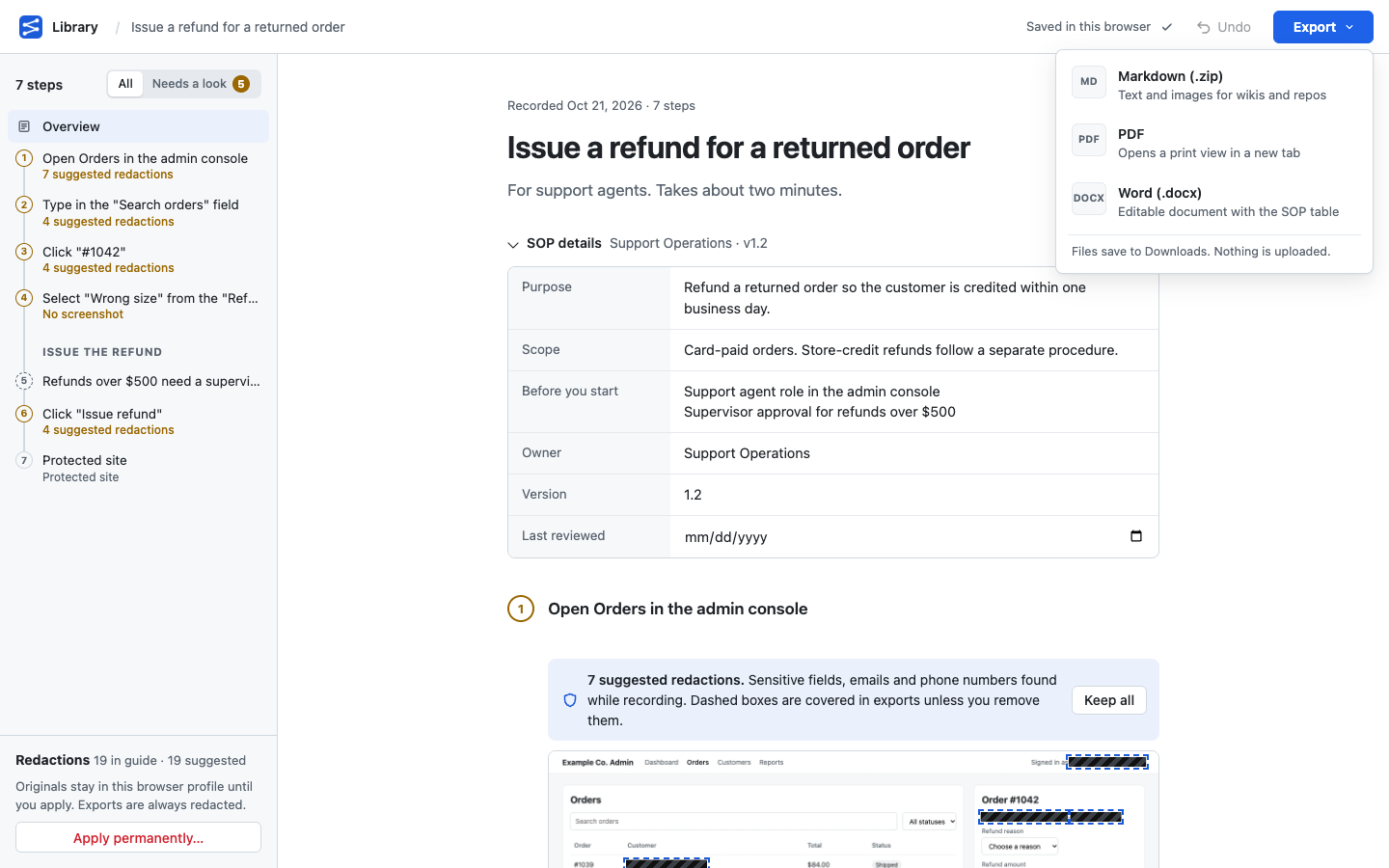 The Export menu offering Markdown, PDF and Word.