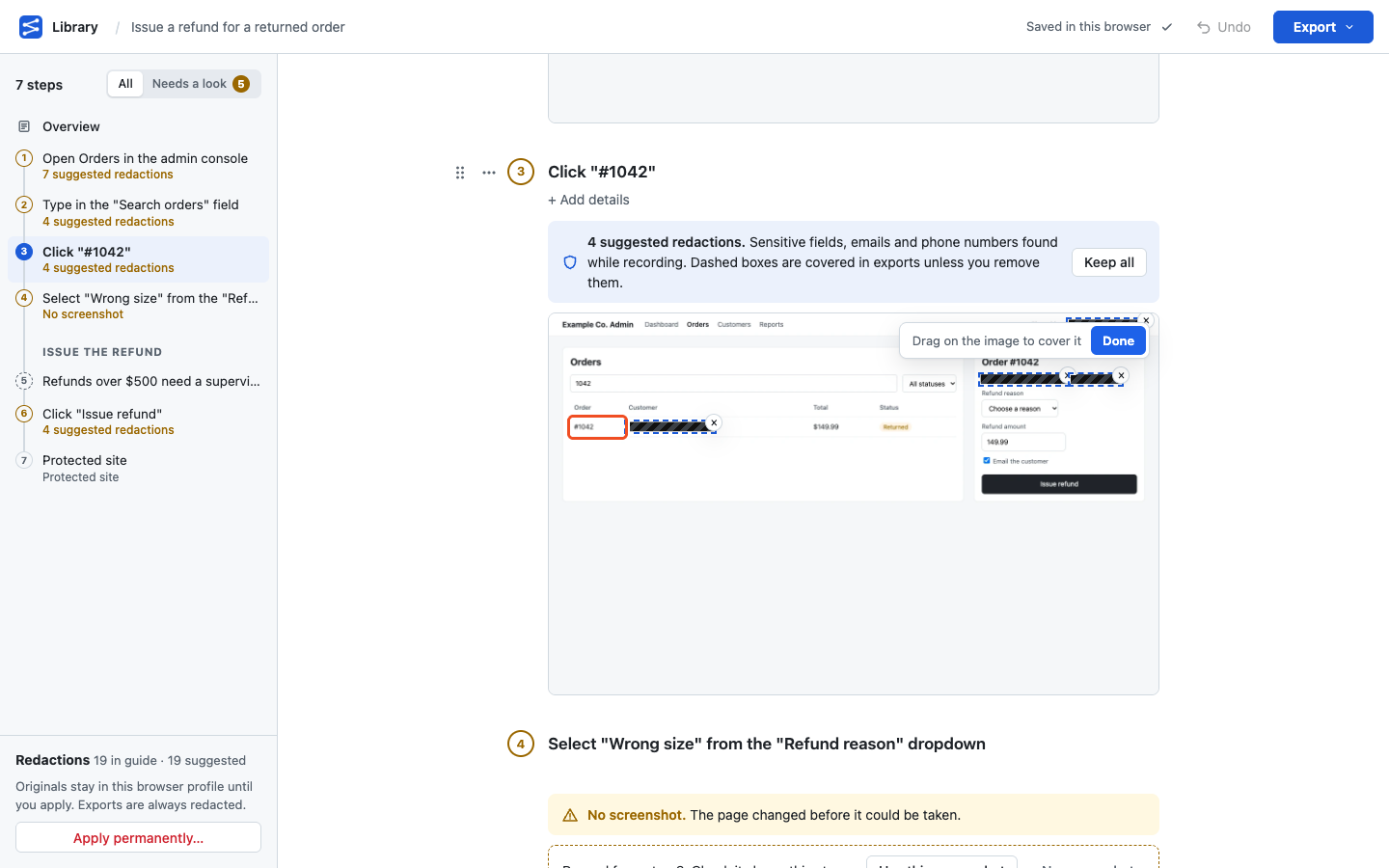 A step with suggested redactions shown as dashed, striped boxes, and the screenshot toolbar in Redact mode.